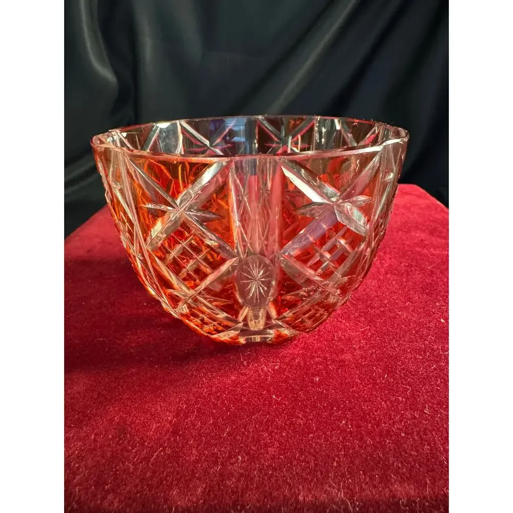 Vintage Clear Cut Cranberry Glass 4” Bowl 2 mm chip